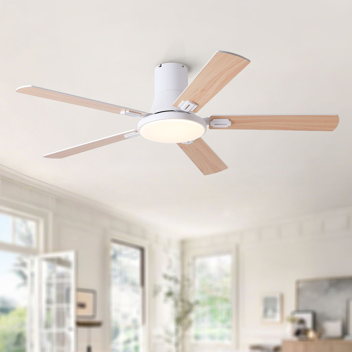 Flush mount ceiling fan with LED light and remote, white housing, wood blades on Tampa Home & Garden Store