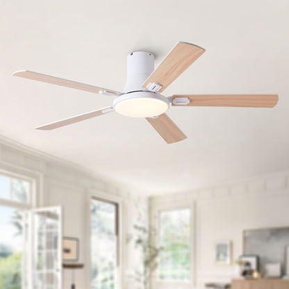 Flush mount ceiling fan with LED light and remote, white housing, wood blades on Tampa Home & Garden Store