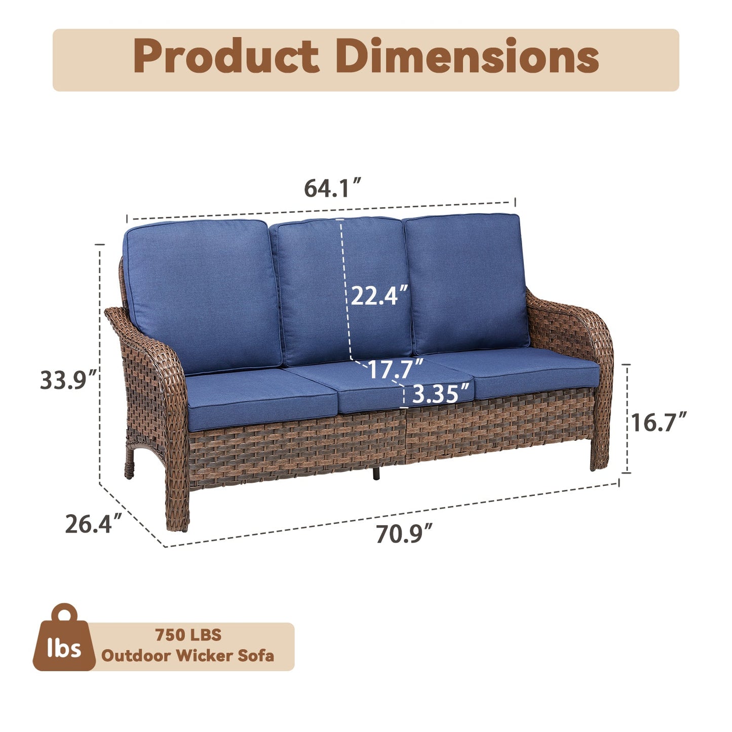HouseOfZazla 70.9in PE wicker outdoor three-seat sofa set with blue cushions on Tampa Home & Garden Store