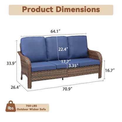 HouseOfZazla 70.9in PE wicker outdoor three-seat sofa set with blue cushions on Tampa Home & Garden Store