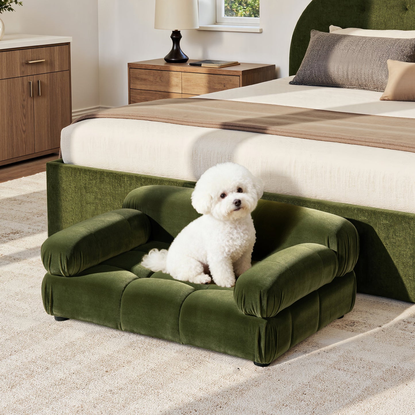 Marcel Upholstered Modern Small to Medium Pet Bed Olive Green Velvet two dogs on Tampa Home & Garden Store