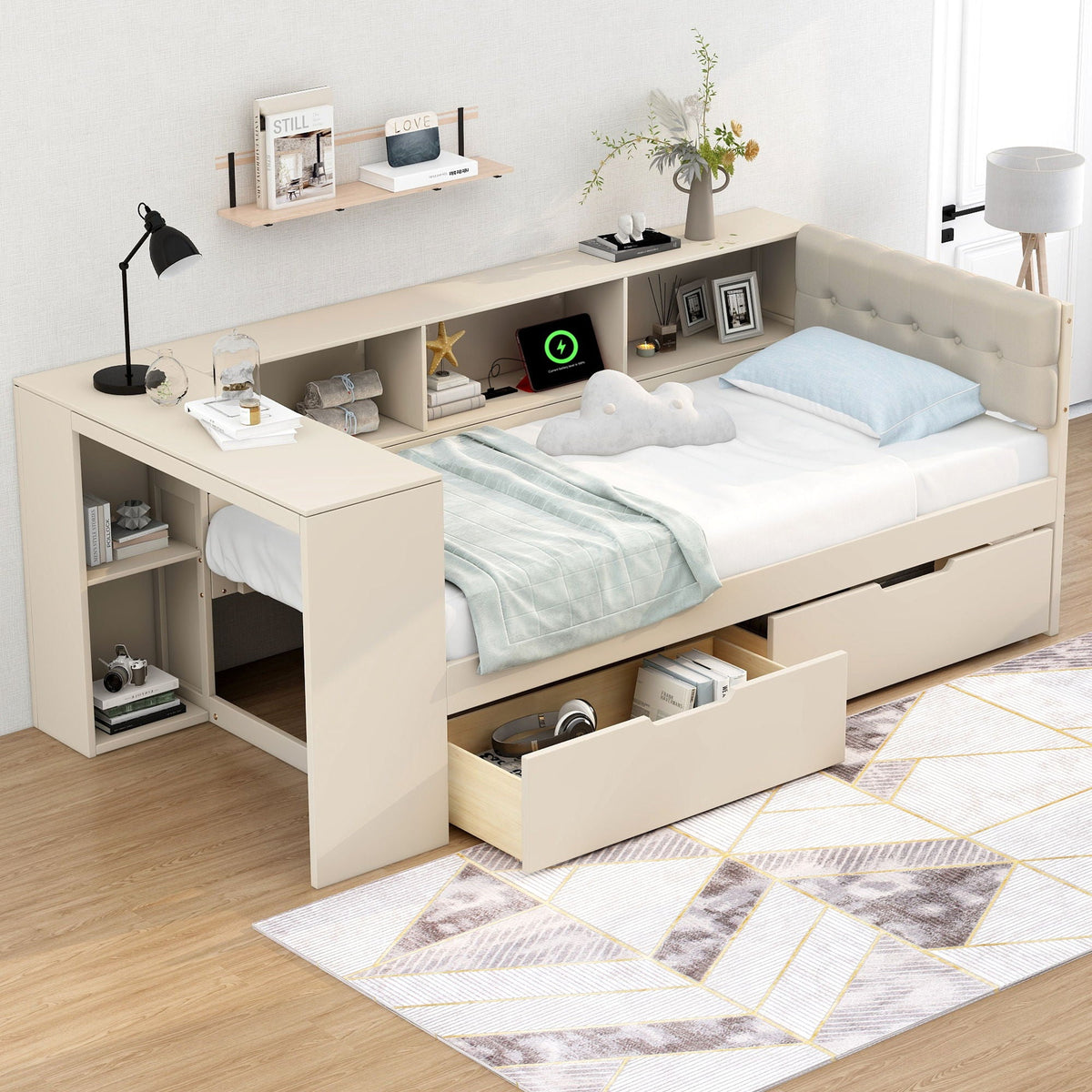 Upholstered cream storage bed with drawers, shelves and charging station HouseOfZazla on Tampa Home & Garden Store