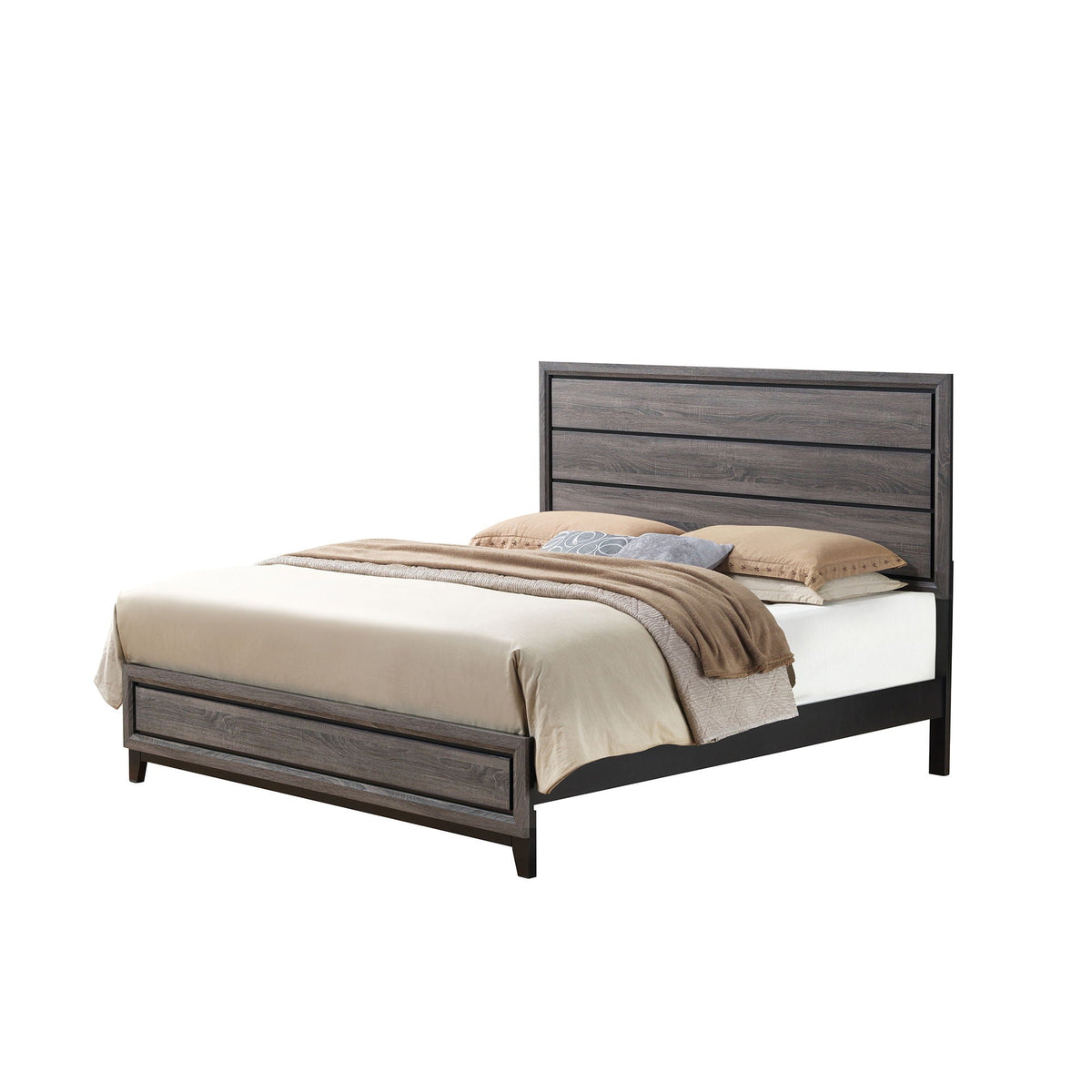 Mirage - Bed, dark gray wood panel bed frame with horizontal slats and beige bedding on Tampa Home & Garden Store