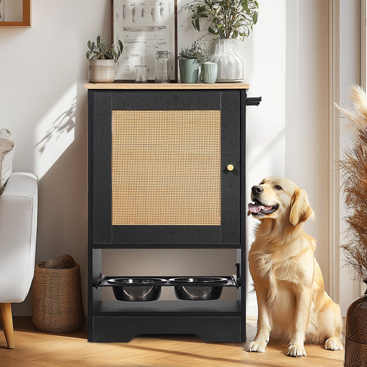 Feeding Station with 1 Storage Cabinet Black by HouseOfZazla, cane-front cabinet and bowls on Tampa Home & Garden Store