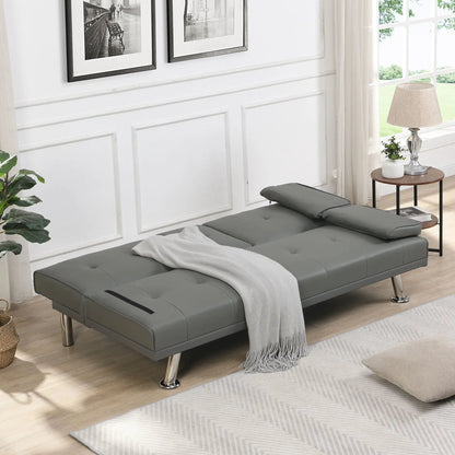 Modern sofa bed futon with armrests, gray upholstery, wood frame, stainless legs, 2-piece on Tampa Home & Garden Store