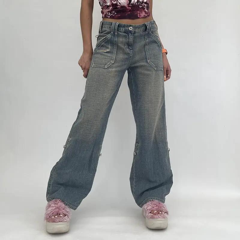 Vintage blue high-rise loose straight-leg jeans by FLIPSTYLEZLLC with faded denim pockets on Tampa Home & Garden Store