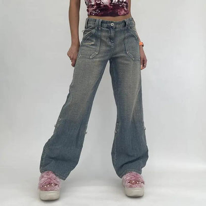 Vintage blue high-rise loose straight-leg jeans by FLIPSTYLEZLLC with faded denim pockets on Tampa Home & Garden Store