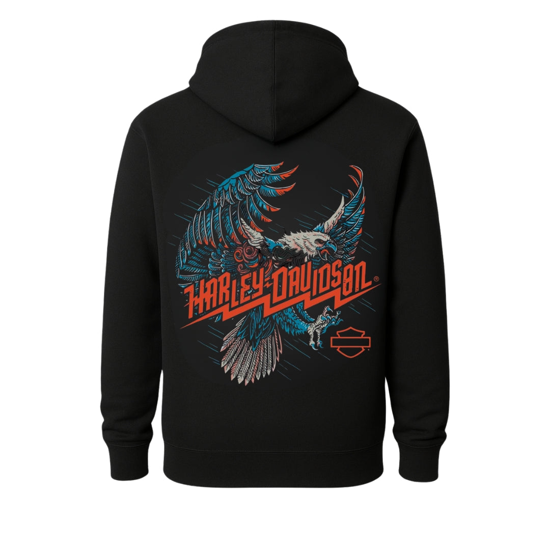 Harley-Davidson hoodie by BikerZoneZ, black with blue/orange eagle graphic Milwaukee edition on Tampa Home & Garden Store