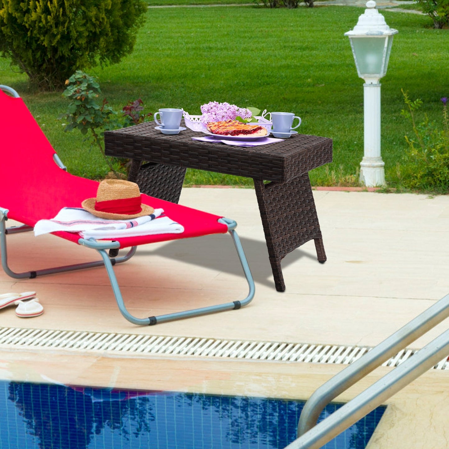 Mesa auxiliar plegable de ratán PE para patio/jardín - Marrón