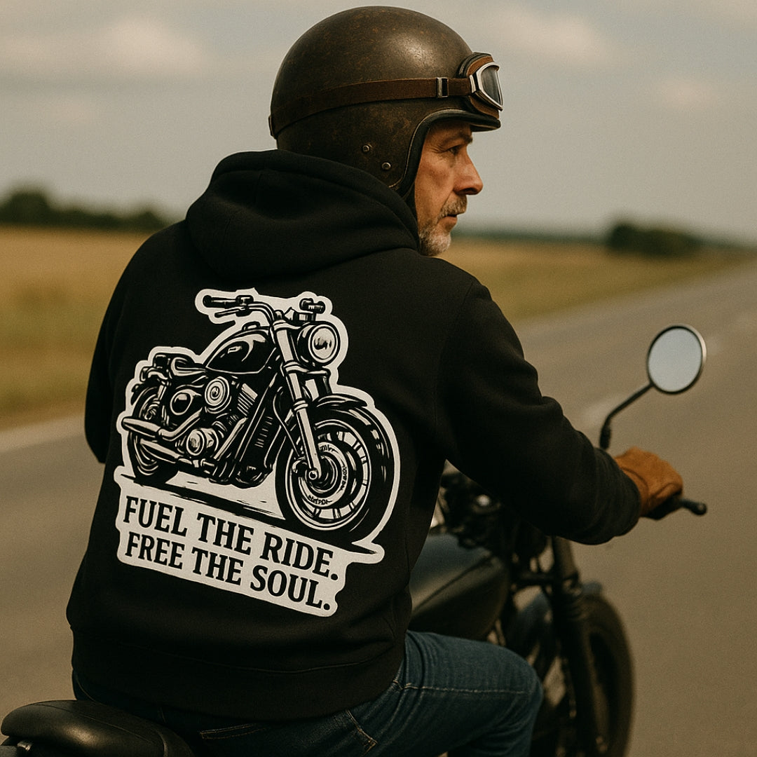 Motorcycle Rider Hoodie black by BikerZoneZ with bold white motorcycle graphic on back on Tampa Home & Garden Store