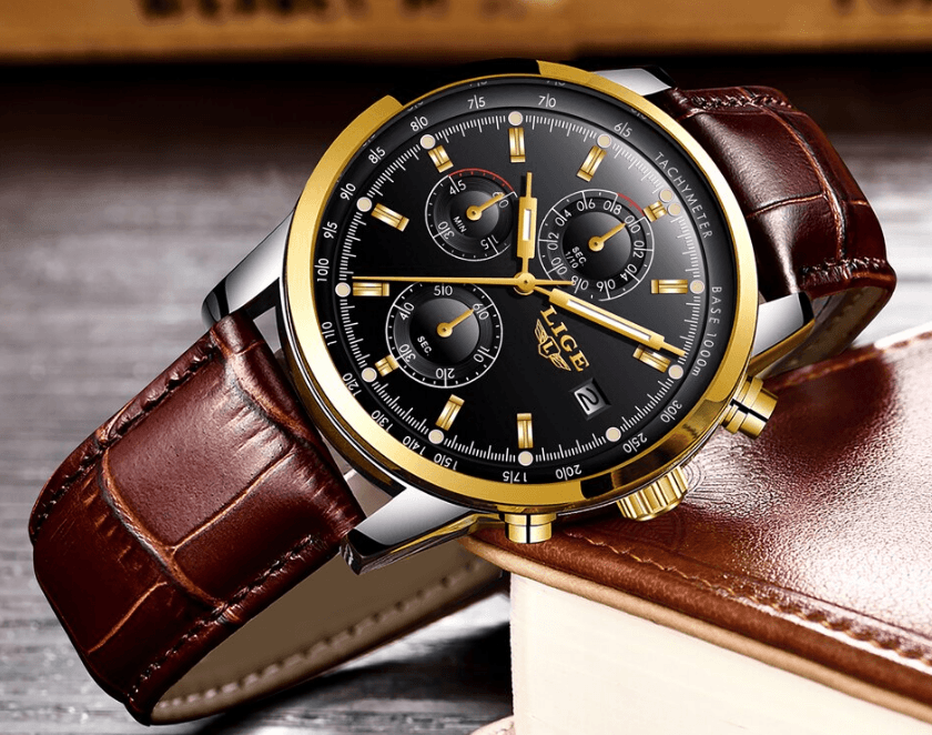 Men's Stevvex chronograph watch ST1LG5450MTK waterproof, black dial, gold bezel, brown strap on Tampa Home & Garden Store