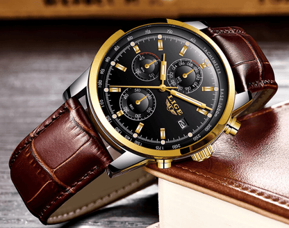 Men's Stevvex chronograph watch ST1LG5450MTK waterproof, black dial, gold bezel, brown strap on Tampa Home & Garden Store