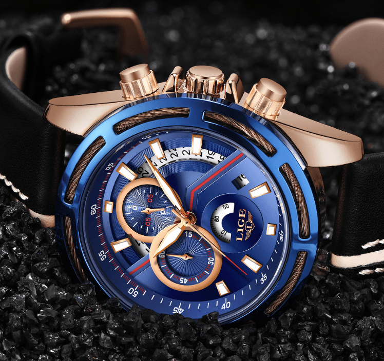 Men's waterproof sport watch Stevvex with blue dial, rose-gold case, black leather strap on Tampa Home & Garden Store