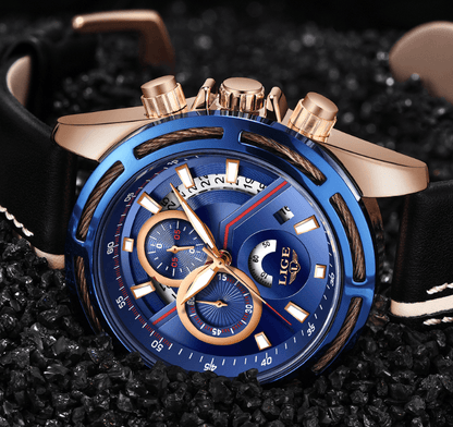 Men's waterproof sport watch Stevvex with blue dial, rose-gold case, black leather strap on Tampa Home & Garden Store