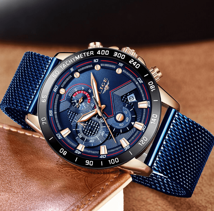 Men's sports waterproof watch Stevvex with blue dial, blue mesh bracelet, tachymeter bezel on Tampa Home & Garden Store