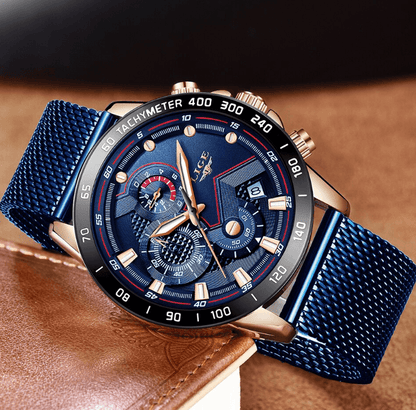 Men's sports waterproof watch Stevvex with blue dial, blue mesh bracelet, tachymeter bezel on Tampa Home & Garden Store
