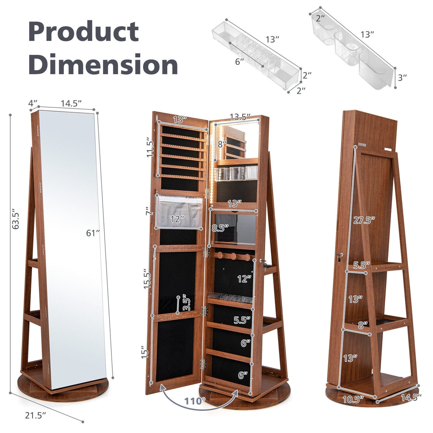 360° Rotating Mirrored Jewelry Cabinet Armoire 3 Color LED Modes Lockable-Dark Brown
