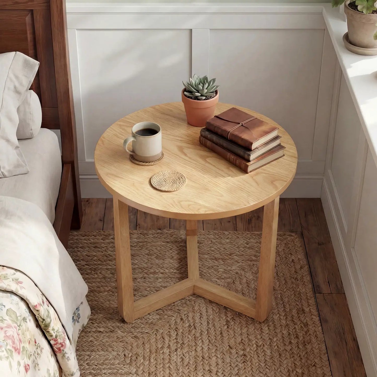 Round Farmhouse Side Table with Rubber Wood Legs