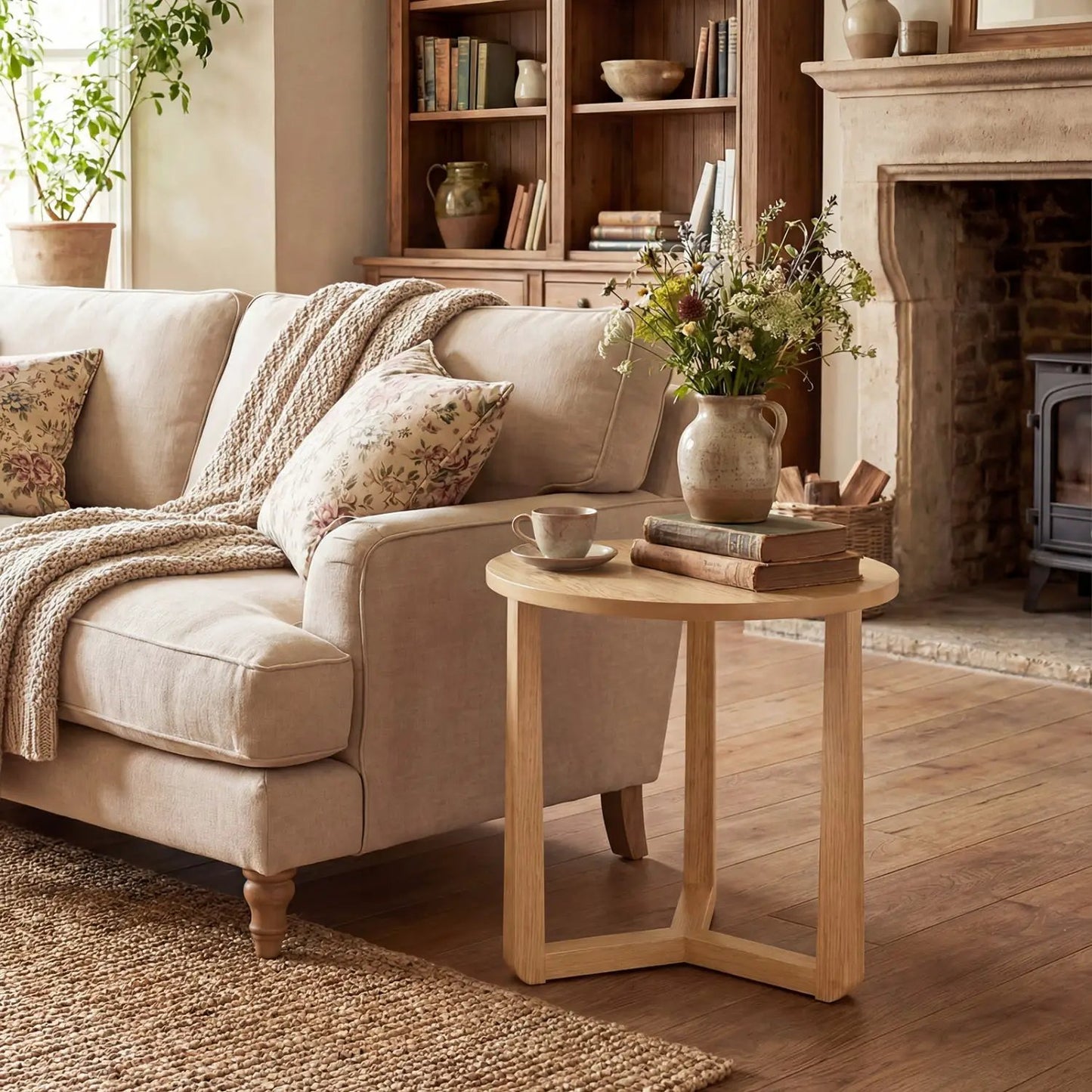 Round Farmhouse Side Table with Rubber Wood Legs