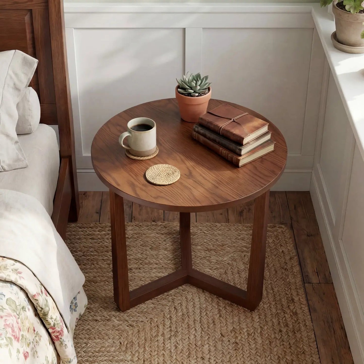 Round Farmhouse Side Table with Rubber Wood Legs