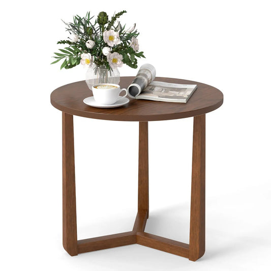 22.5-inch round farmhouse end table with sturdy rubber wood legs and triangular base in brown finish on Tampa Home & Garden Store