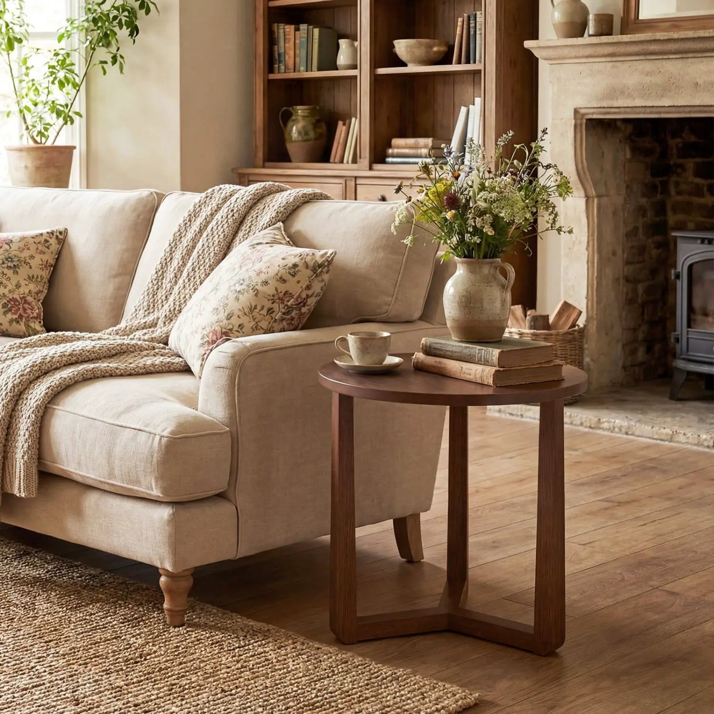 Round Farmhouse Side Table with Rubber Wood Legs
