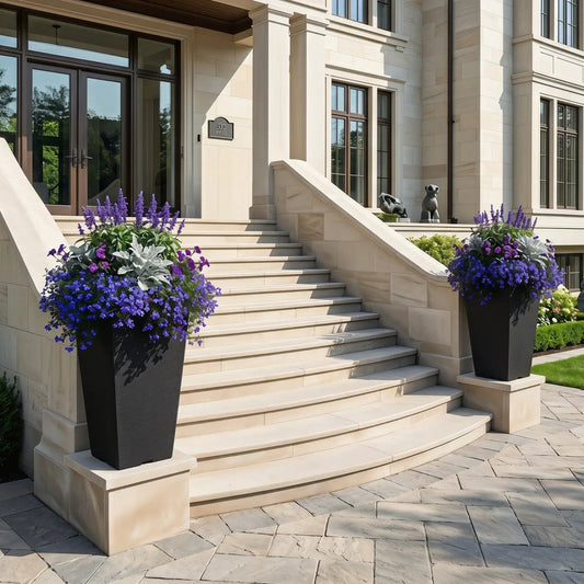 Self-watering square planters set of 2, 22.5in tall, black DirectDeals with purple blooms on stairs on Tampa Home & Garden Store