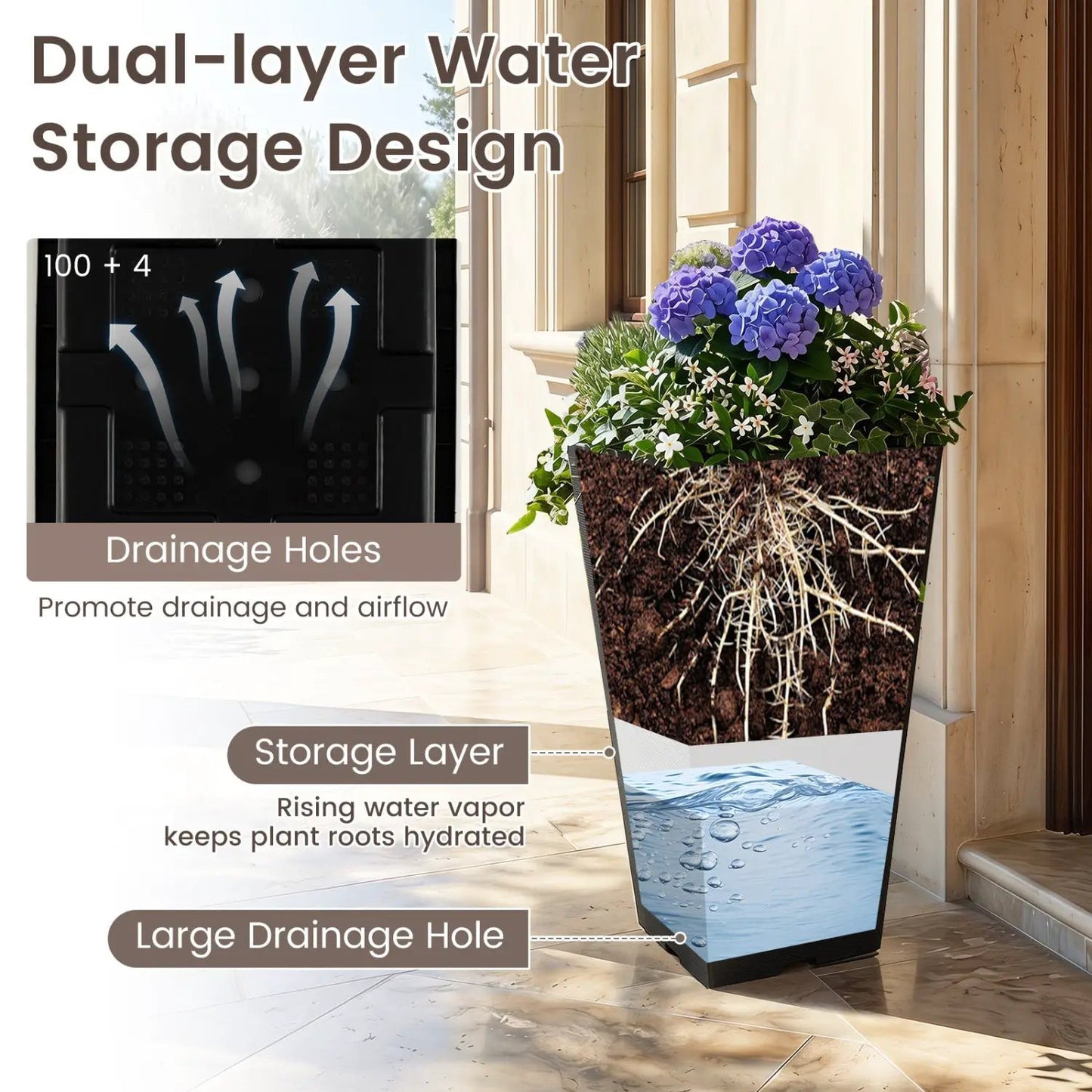 22.5" Tall Self-Watering Square Planter Set of 2
