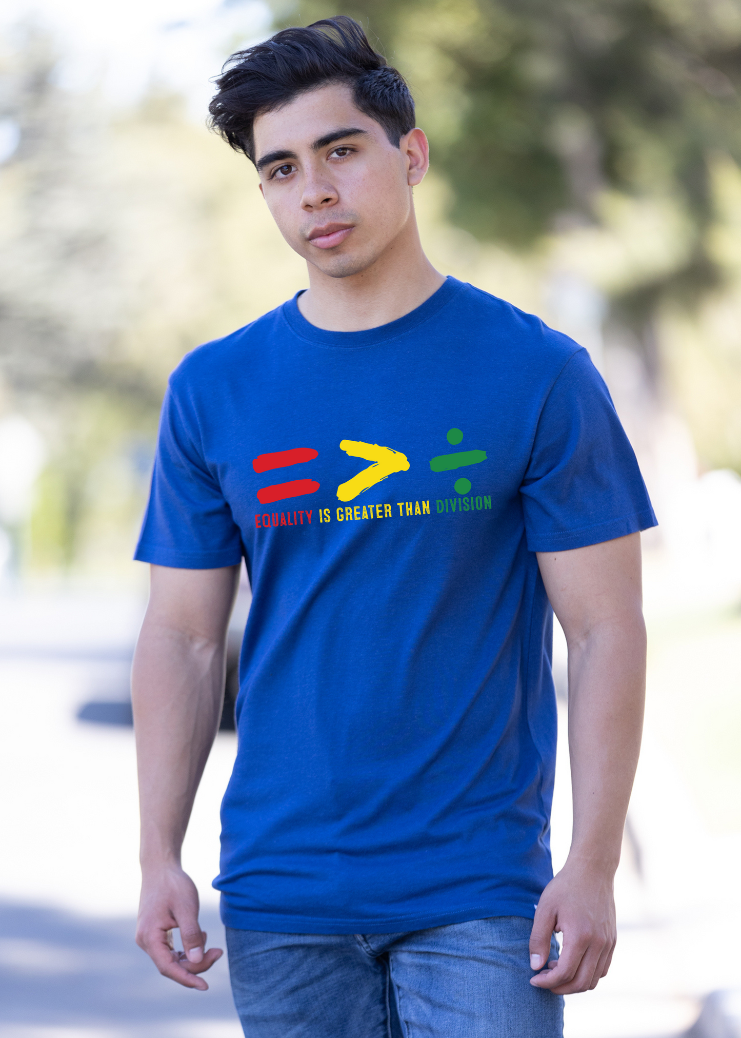 Unisex Bamboo/Cotton Graphic T Shirt blue with EQUALITY IS GREATER THAN DIVISION print on Tampa Home & Garden Store