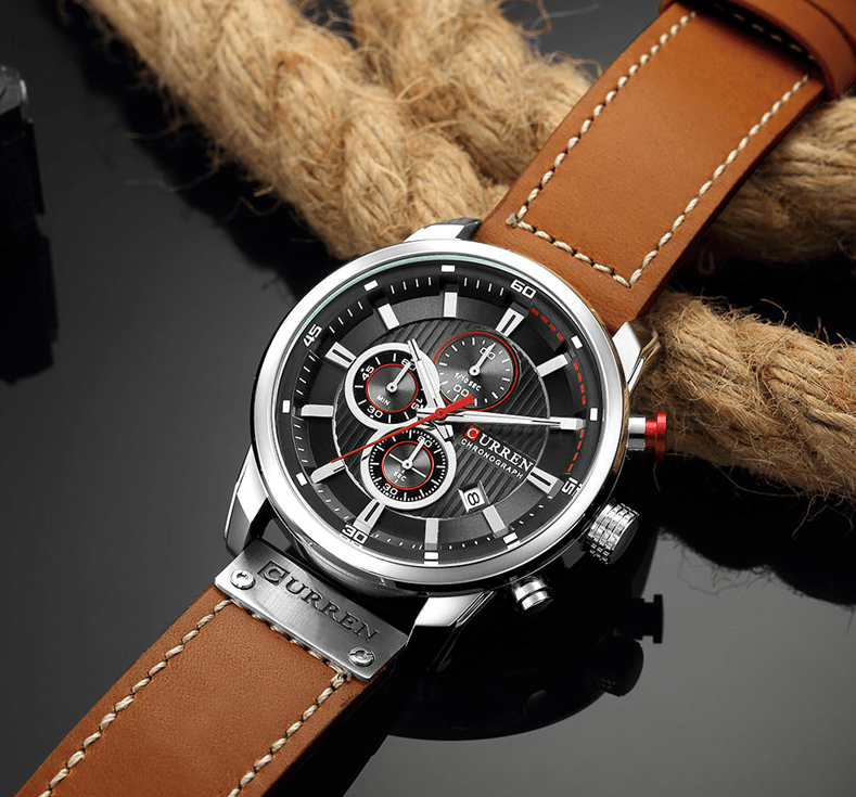 Men's waterproof chronograph sports watch with brown leather strap, stainless case Curren on Tampa Home & Garden Store