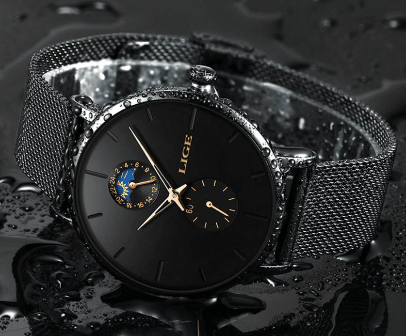 Women's black waterproof watch with gold-tone hands and braided stainless steel bracelet LIGE on Tampa Home & Garden Store