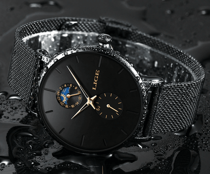 Women's black waterproof watch with gold-tone hands and braided stainless steel bracelet LIGE on Tampa Home & Garden Store