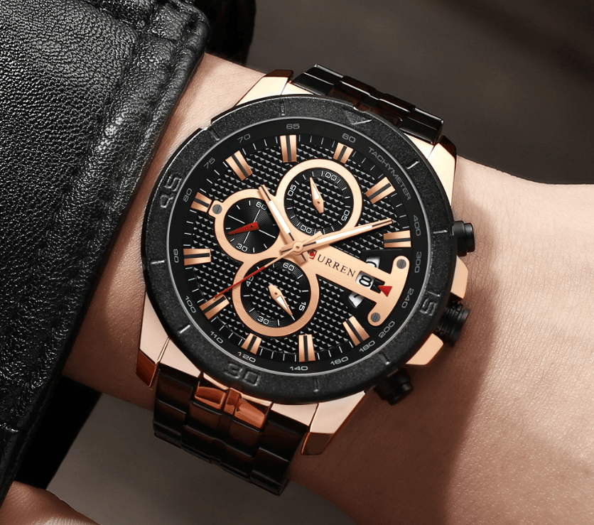 Stevvex men's waterproof chronograph watch with day/date window and rose-gold case on Tampa Home & Garden Store