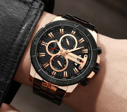 Stevvex men's waterproof chronograph watch with day/date window and rose-gold case on Tampa Home & Garden Store