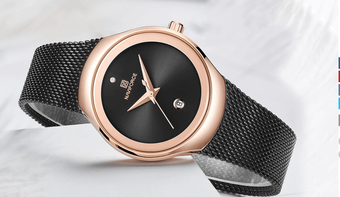 Stevvex women's stainless steel watch with rose gold case and black mesh bracelet on Tampa Home & Garden Store