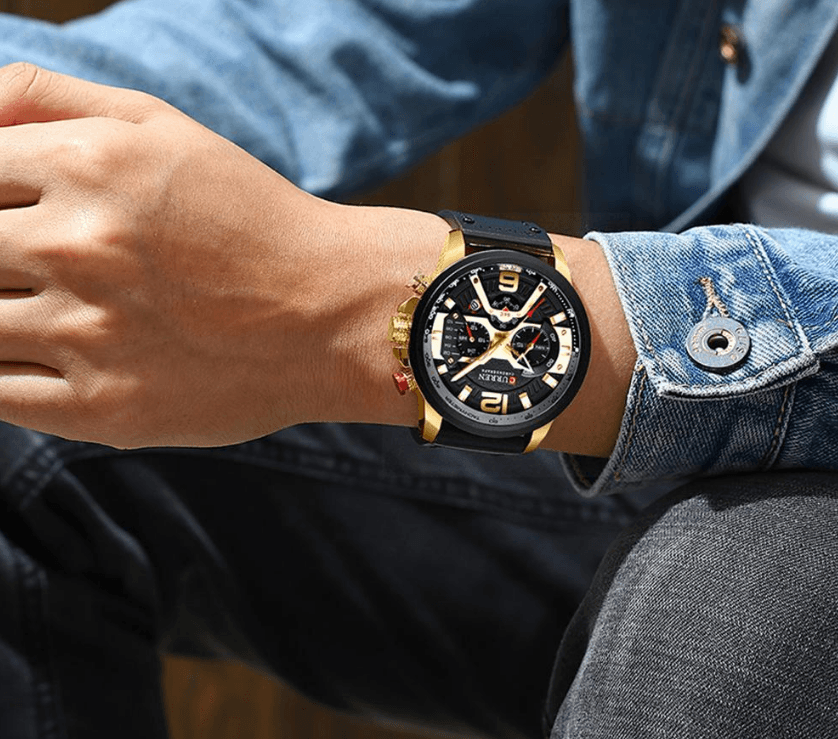Stevvex men's sports waterproof chronograph watch with black strap and gold case on Tampa Home & Garden Store