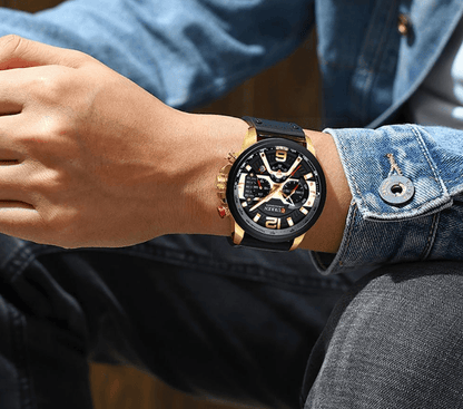 Stevvex men's sports waterproof chronograph watch with black strap and gold case on Tampa Home & Garden Store