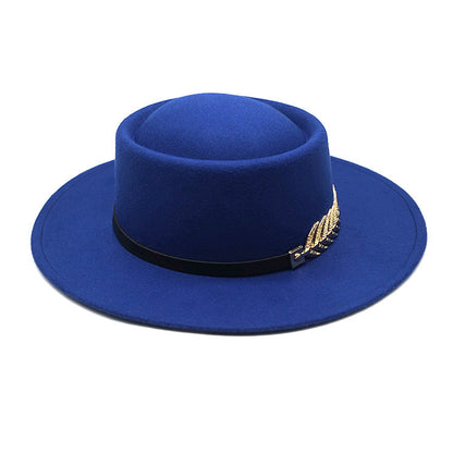 Stevvex blue fedora hat with black ribbon and gold feather accent on Tampa Home & Garden Store