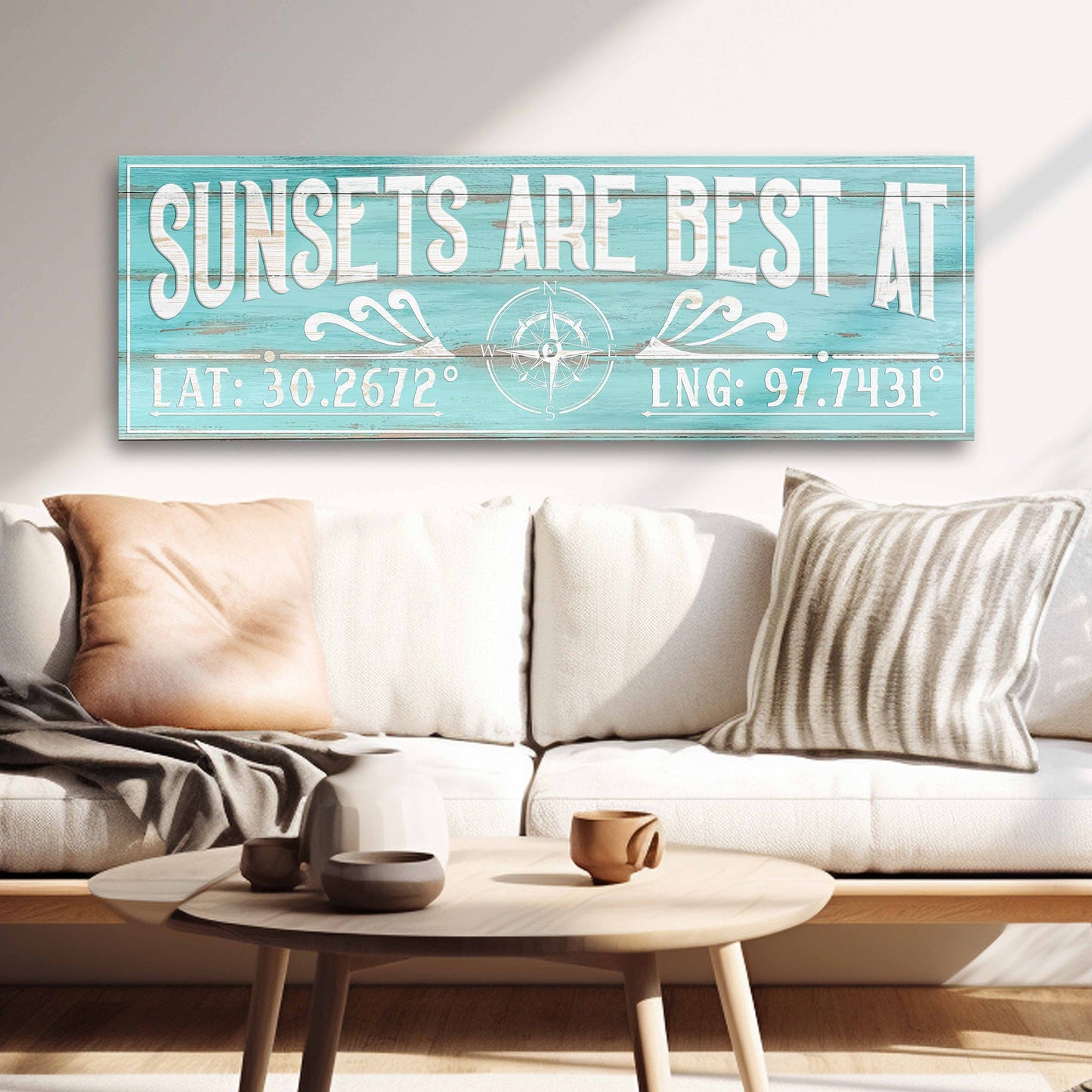 Canvas sign Sunsets Are Best At Coordinates with turquoise distressed wood and compass motif on Tampa Home & Garden Store