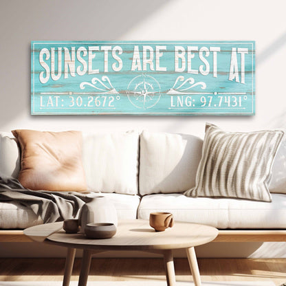 Canvas sign Sunsets Are Best At Coordinates with turquoise distressed wood and compass motif on Tampa Home & Garden Store