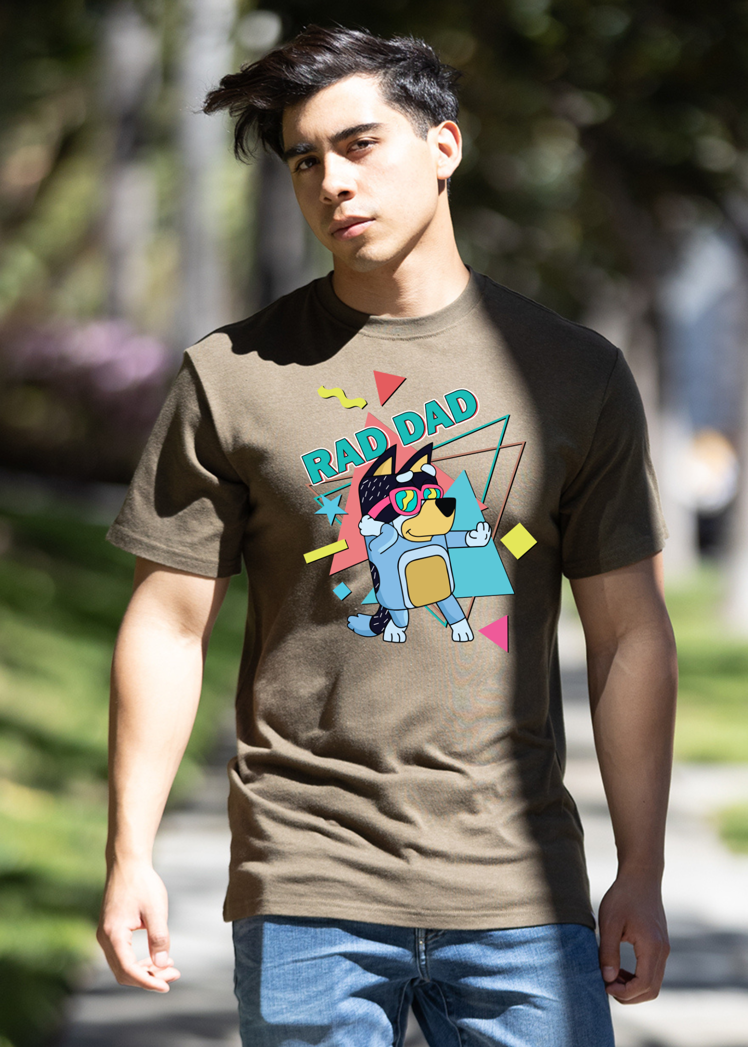 Rad Dad Bluey men's bamboo graphic tee brown with colorful print Spun Bamboo on Tampa Home & Garden Store