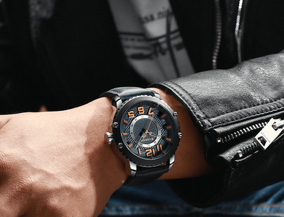 Stevvex men's waterproof sport watch with leather strap, black dial, orange numerals on Tampa Home & Garden Store