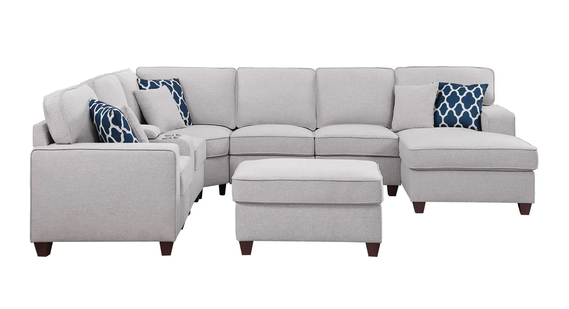 Tina 8-Piece Upholstered Sectional With Ottoman light gray fabric blue pillows Unique Piece on Tampa Home & Garden Store
