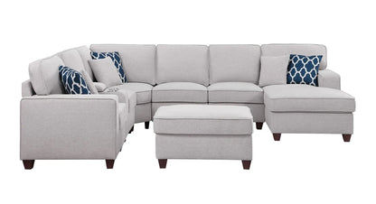 Tina 8-Piece Upholstered Sectional With Ottoman light gray fabric blue pillows Unique Piece on Tampa Home & Garden Store