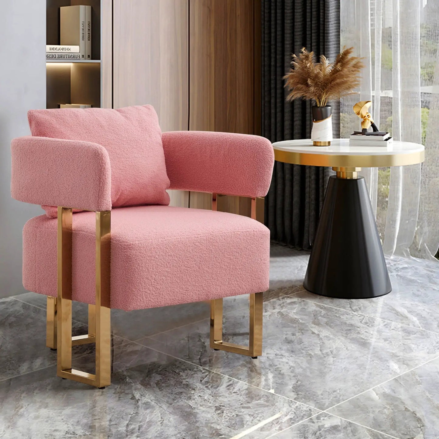 Pink teddy fleece upholstered chair with gold metal legs, modern decorative chair set on Tampa Home & Garden Store