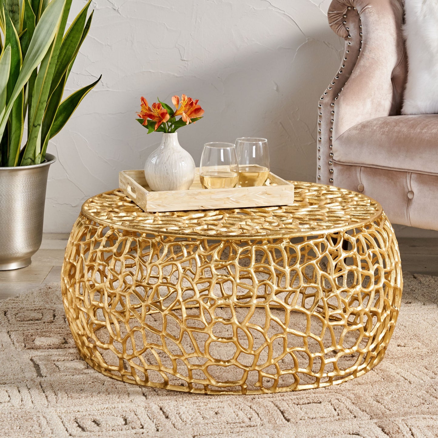 Modern Glam Mesh Coffee Table with gold aluminum frame by HouseOfZazla on Tampa Home & Garden Store
