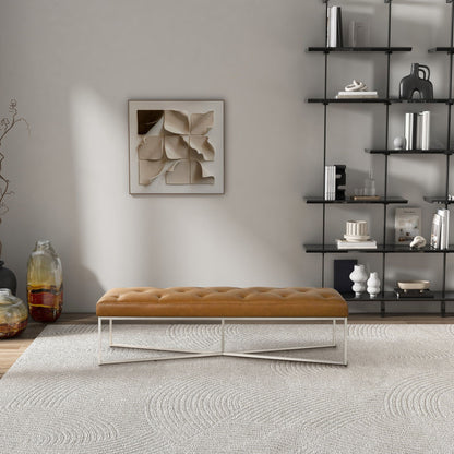 Harper Bench tan leather upholstery with solid teak frame and metal legs in a living room on Tampa Home & Garden Store
