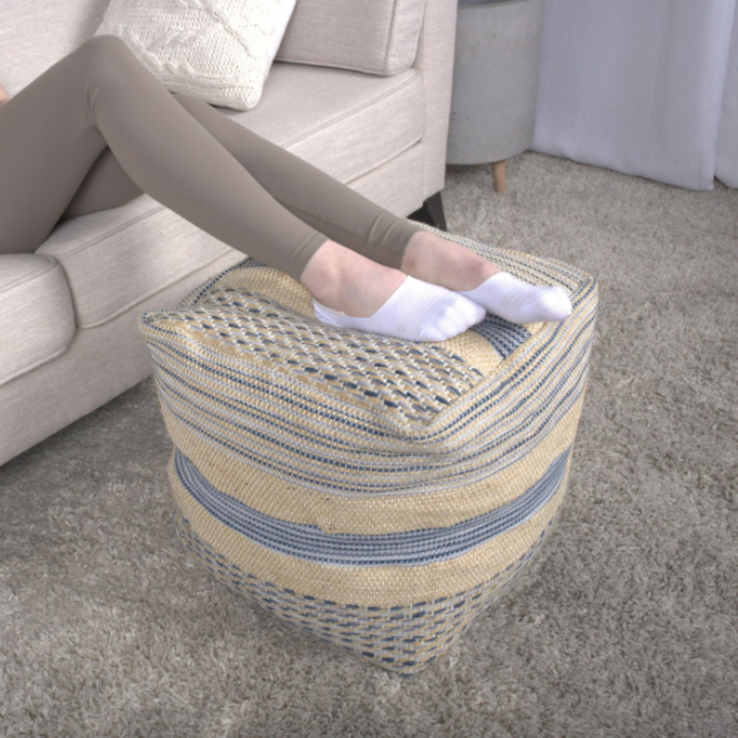 Western Handcrafted Fabric Pouf and Durable Blue