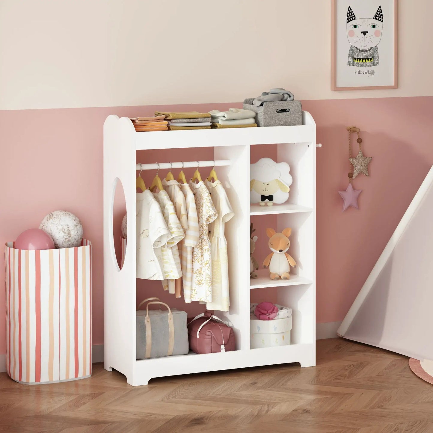 Dress Up Storage with Mirror and Hooks White