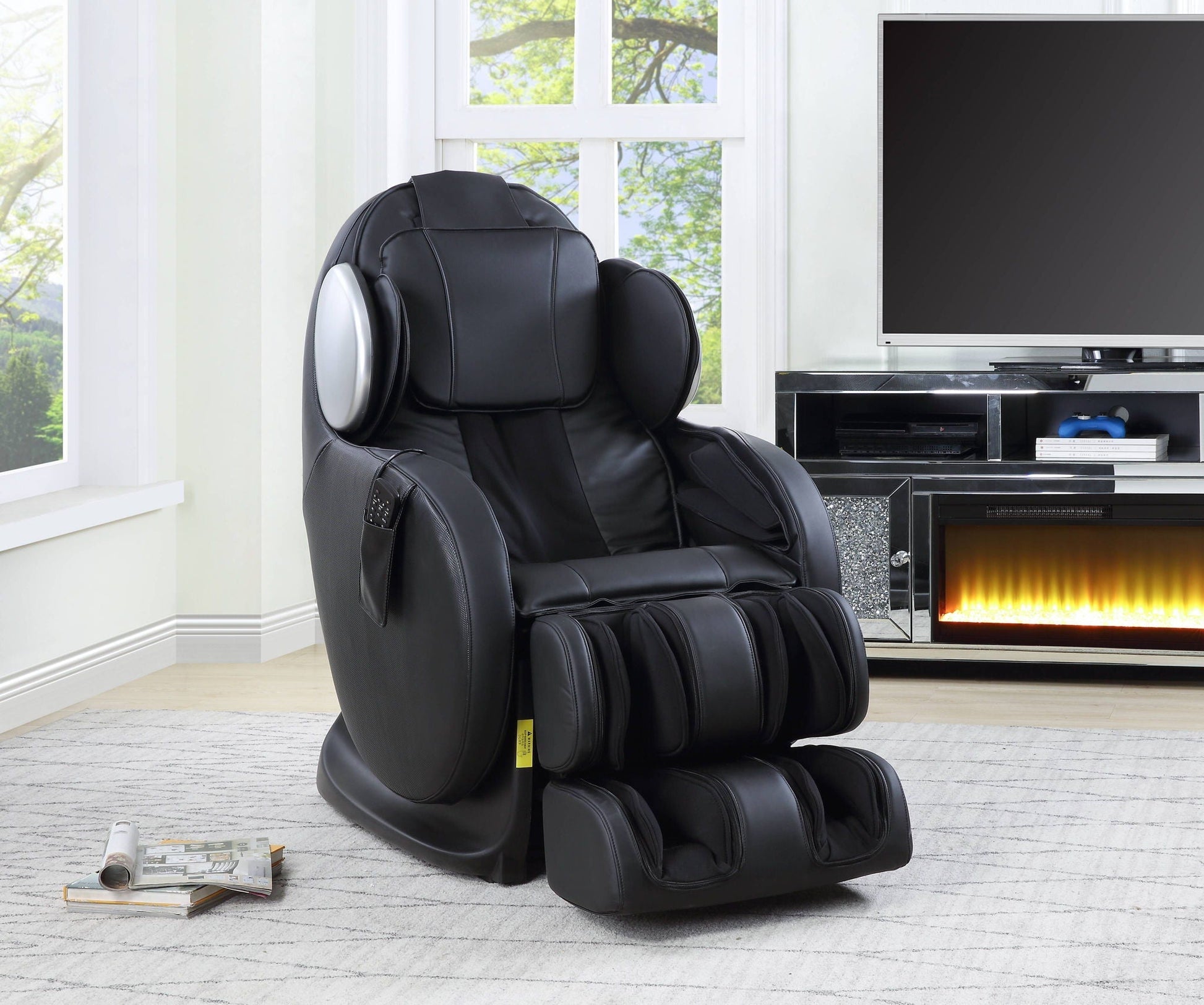 Pacari Synthetic Power 2D Massage Chair, black leather recliner in a living room on Tampa Home & Garden Store